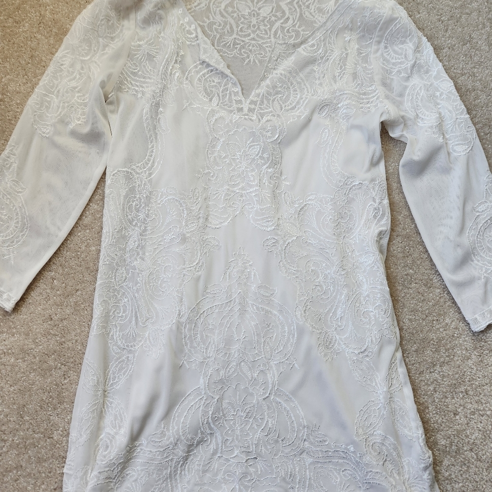 White House Black Market sheer white w/attached tank,  delicate embroidery XXS